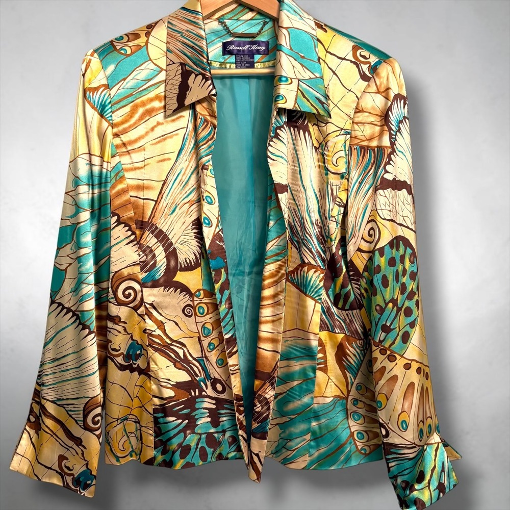Vintage Russell Kemp Womens 100% Silk‎ Butterfly Print Open Front Blazer Jacket